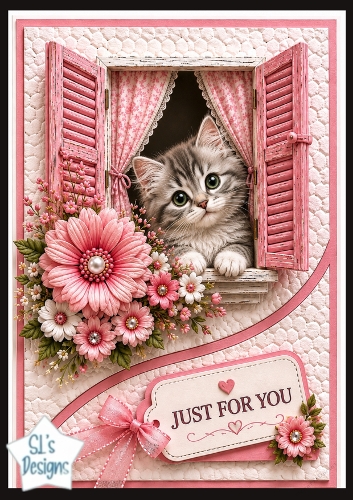 Pink Window Kitten Just For You Card Topper