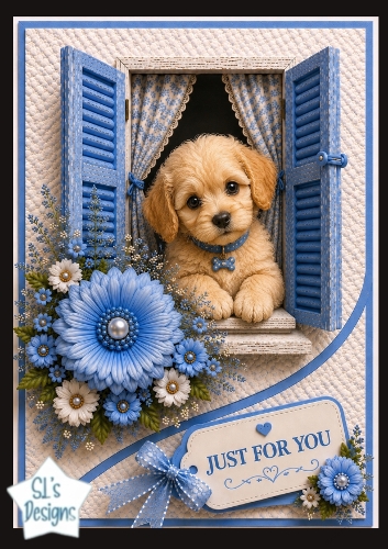 Blue Window Puppy Just For You Card Topper