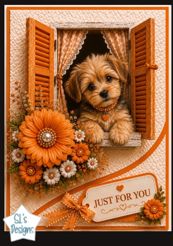 Orange Window Puppy Just For You Card Topper