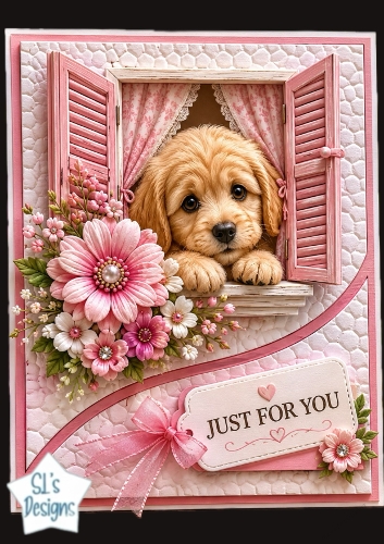 Pink Window Puppy Just For You Card Topper
