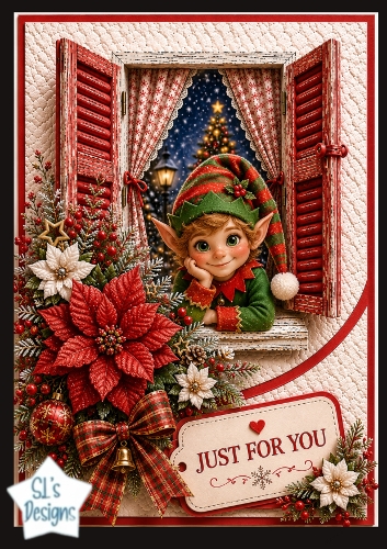 Christmas Elf in Festive Window Just For You Card Topper