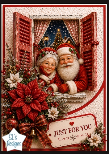 Santa & Mrs. Claus in Festive Window Just For You Card Topper