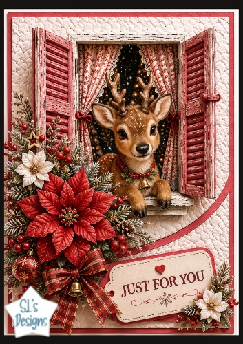 Cute Reindeer in Festive Window Just For You Christmas Card Topper
