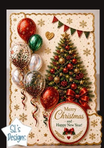 Festive Christmas Tree with Balloons Merry Christmas & Happy New Year Topper