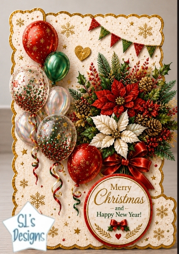 Poinsettias & Festive Balloons Merry Christmas & Happy New Year Topper