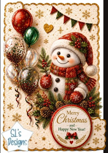 Snowman with Festive Balloons Merry Christmas & Happy New Year Topper