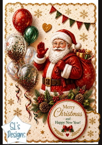 Santa Claus with Festive Balloons Merry Christmas & Happy New Year Topper