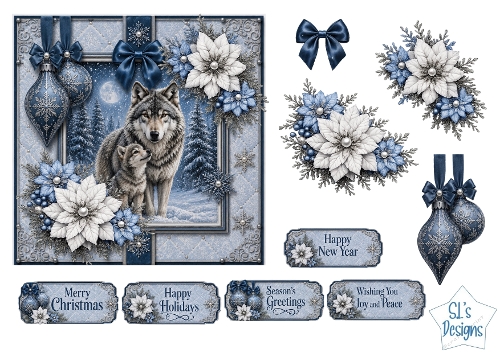Winter Wolves Card Topper – Elegant Blue & Silver Christmas Design