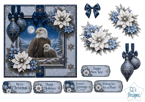 Winter Eagles Card Topper – Elegant Blue & Silver Holiday Design