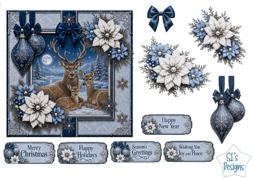 Winter Deer Card Topper – Elegant Blue & Silver Holiday Design