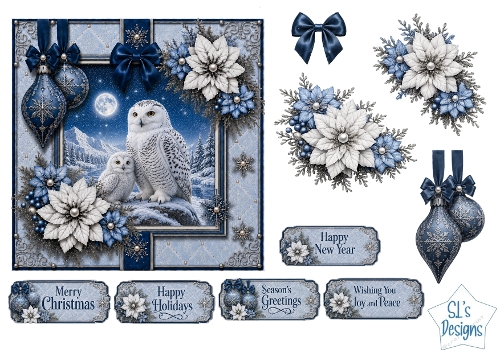Winter Owls Card Topper – Elegant Blue & Silver Holiday Design