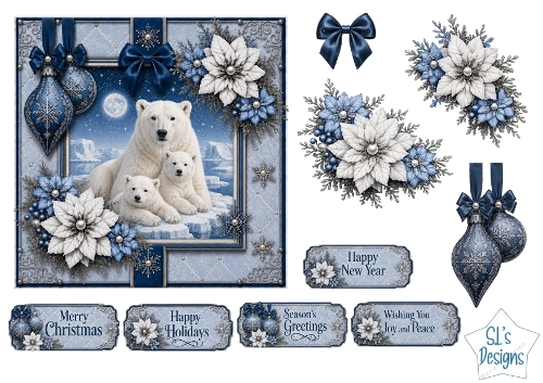 Winter Polar Bears Card Topper – Elegant Blue & Silver Holiday Design