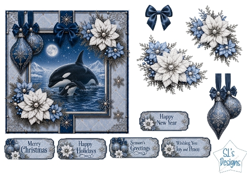 Winter Orcas Card Topper – Elegant Blue & Silver Holiday Design
