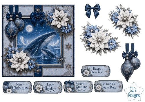 Winter Whales Card Topper – Elegant Blue & Silver Holiday Design