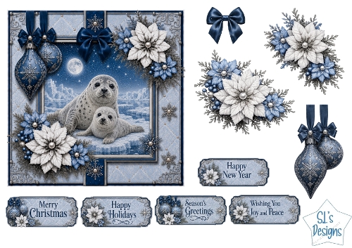 Winter Seals Card Topper – Elegant Blue & Silver Holiday Design