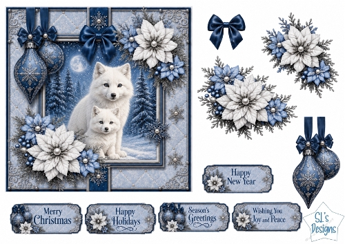 Winter Arctic Foxes Card Topper – Elegant Blue & Silver Holiday Design