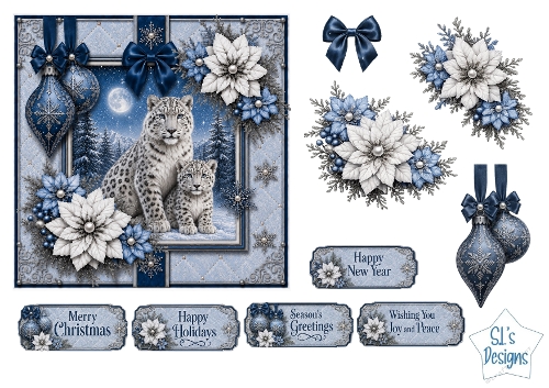 Winter Snow Leopards Card Topper – Elegant Blue & Silver Holiday Design