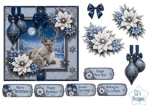 Winter Reindeer Card Topper – Elegant Blue & Silver Holiday Design
