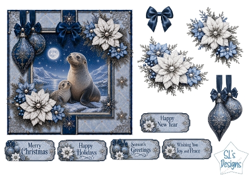 Winter Seals Card Topper – Elegant Blue & Silver Holiday Design