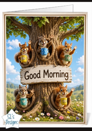 Cute Squirrels in Tree with Colorful Mugs Good Morning Topper