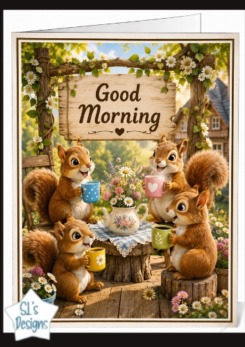 Morning Tea Party Squirrels with Colorful Mugs Good Morning Topper