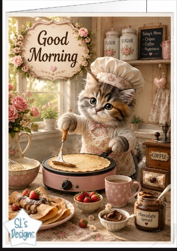 Shabby Chic Kitten Chef Making Crêpes Good Morning Topper