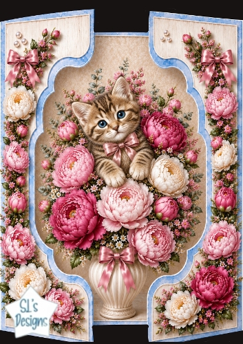 Cute Kitten Floral Topper with Pastel Peonies