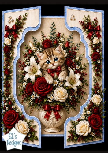 Cute Kitten Floral Topper with Roses & Lilies