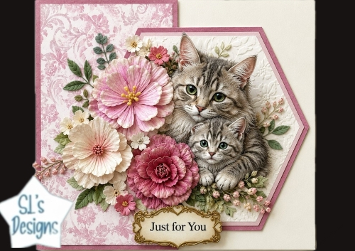 Cute Cat & Kitten Floral Topper with Pink Blooms