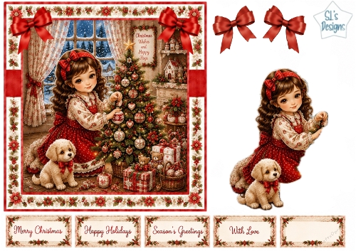 Vintage Christmas Tree Decorating – Cozy Child & Puppy Holiday Scene