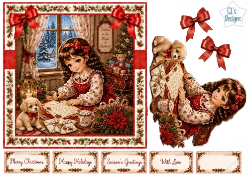 Vintage Christmas Dear Santa Writing – Cozy Child & Puppy Holiday Scene