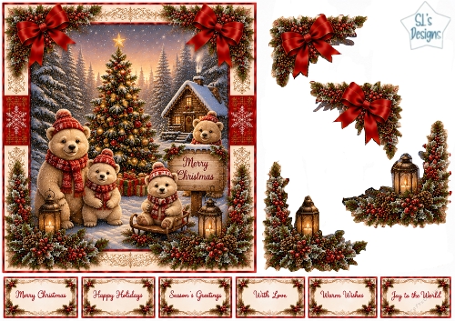 Whimsical Christmas Bears – Festive Tree & Cozy Winter Cabin Scene