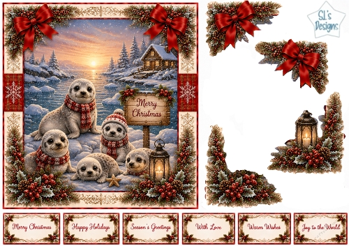 Whimsical Christmas Seal Pups – Snowy Cabin & Lantern Holiday Scene