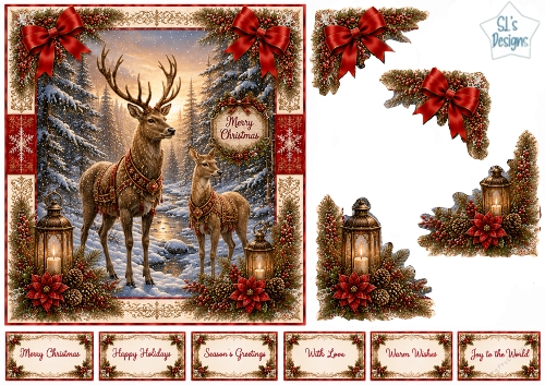 Elegant Christmas Deer – Snowy Forest & Lantern Winter Scene
