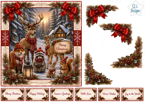 Woodland Christmas Friends – Cozy Cabin & Snowy Forest Animal Scene