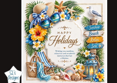 Tropical Happy Holidays Card Topper – Beach Sunshine & Relax Theme