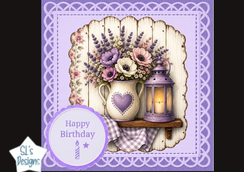Lavender Happy Birthday Card Topper – Rustic Vase & Lantern Design