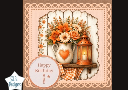Peach Rustic Happy Birthday Card Topper – Lantern & Floral Pitcher