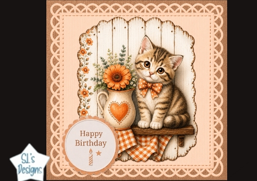 Rustic Kitten Happy Birthday Card Topper – Orange Flowers & Shelf Design