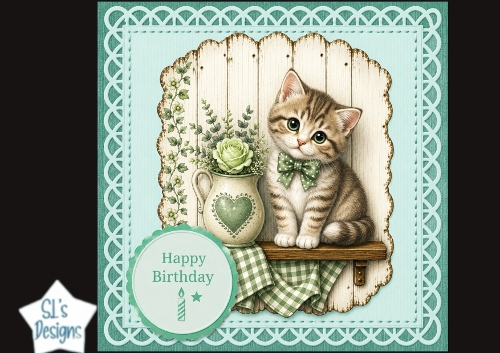 Rustic Green Kitten Happy Birthday Card Topper – Floral Jug & Shelf Design