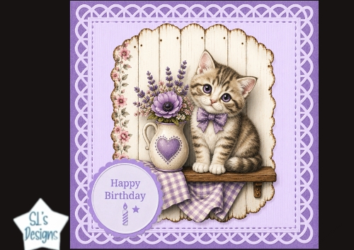 Lavender Kitten Happy Birthday Card Topper – Rustic Shelf & Floral Jug