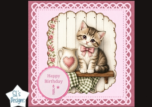 Pink Kitten Happy Birthday Card Topper – Rustic Shelf & Floral Pitcher