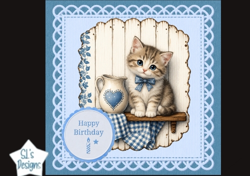 Blue Kitten Happy Birthday Card Topper – Rustic Shelf & Heart Pitcher