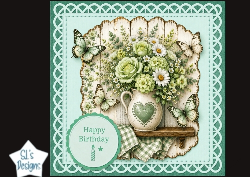 Mint Floral Happy Birthday Card Topper – Rustic Pitcher & Butterflies