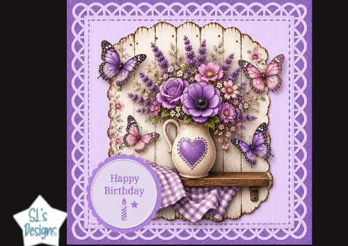 Purple Floral Happy Birthday Card Topper – Rustic Vase & Butterflies