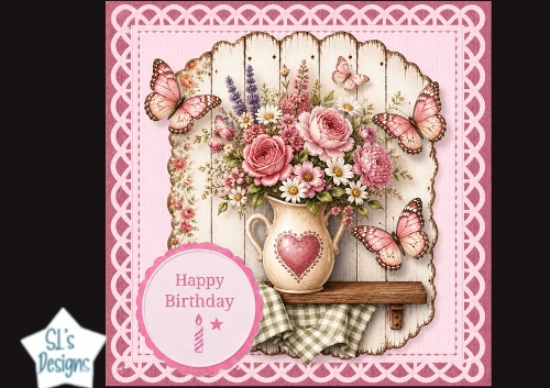 Pink Floral Happy Birthday Card Topper – Rustic Vase & Butterflies