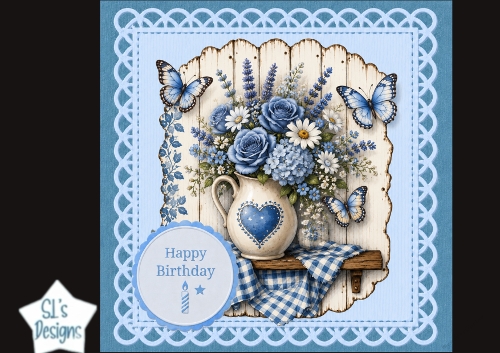 Blue Floral Happy Birthday Card Topper – Rustic Pitcher & Butterflies