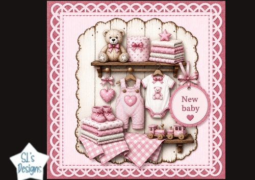 Pink New Baby Girl Card Topper – Clothes, Teddy & Nursery Shelf