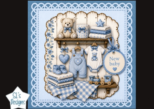 Blue New Baby Boy Card Topper – Clothes, Teddy & Nursery Shelf