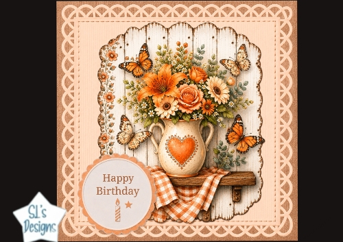Orange Floral Happy Birthday Card Topper – Rustic Pitcher & Butterflies